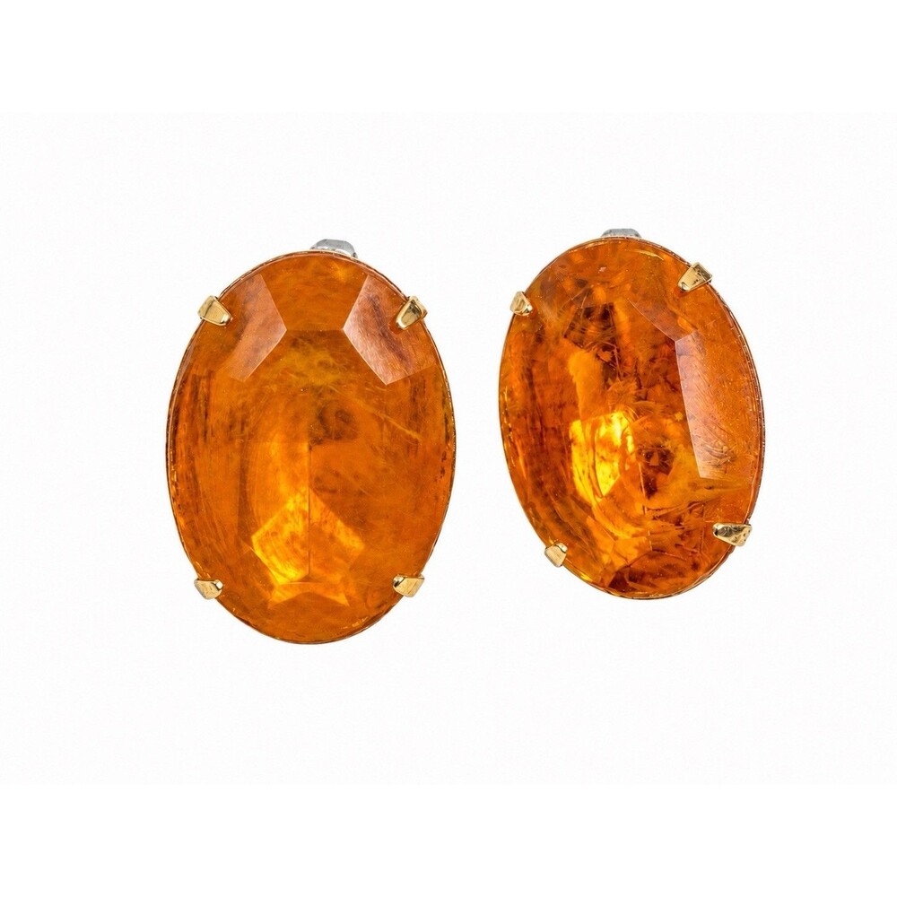 Vintage Oversized Amber Lucite Oval Stud Earrings Gold Tone Statement Boho
